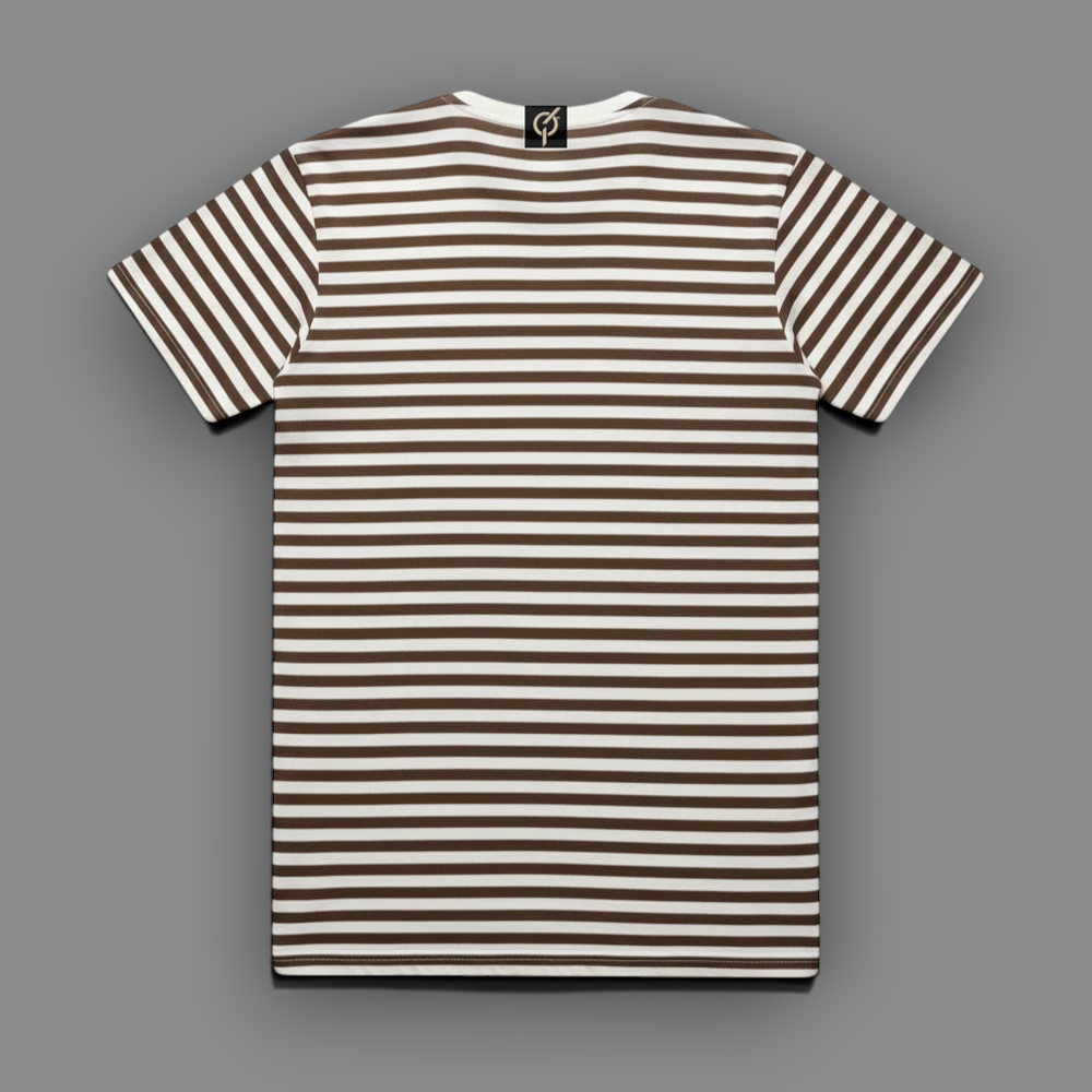 area 609 The Preservation Stripe Tee in walnut brown and oat white with a classic horizontal striped pattern