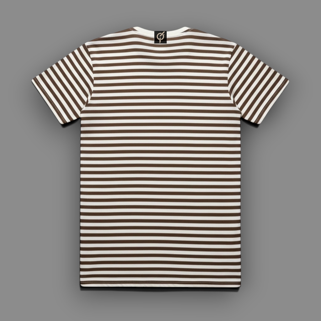 area 609 The Preservation Stripe Tee in walnut brown and oat white with a classic horizontal striped pattern