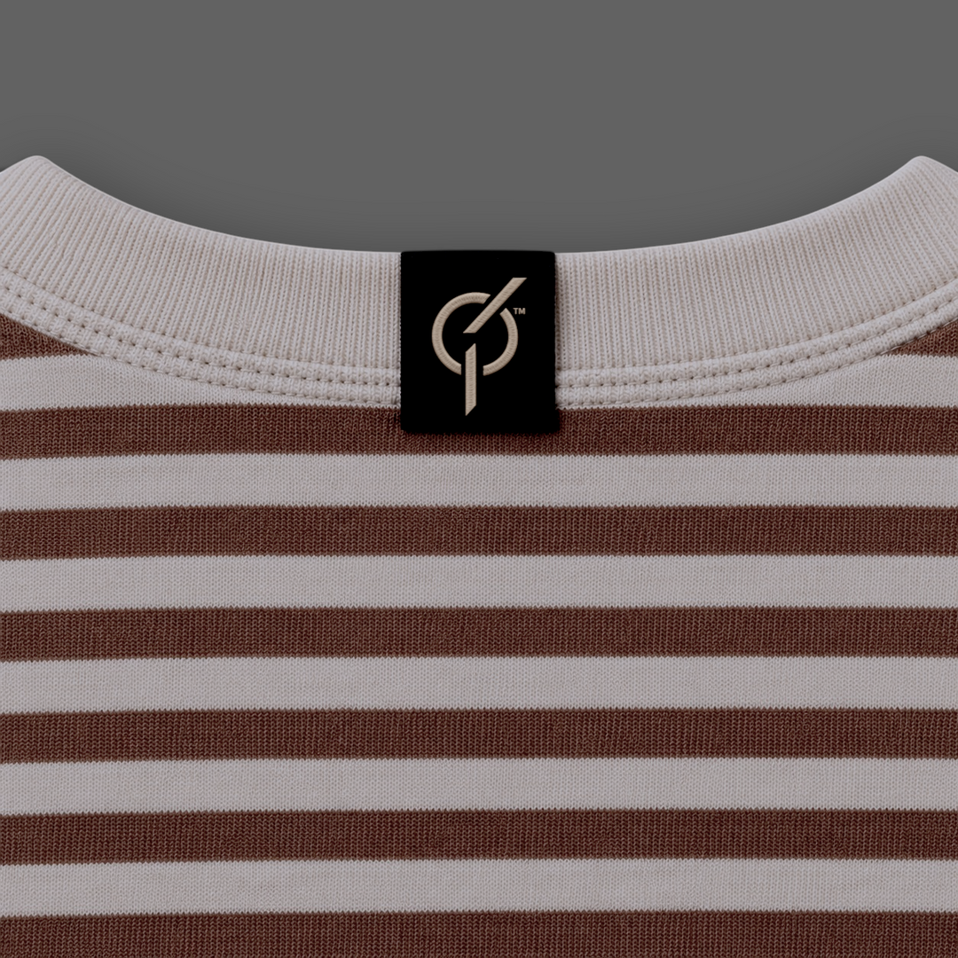 area 609 Preservation Stripe Tee in walnut and oat brown striped cotton with a black logo neck label