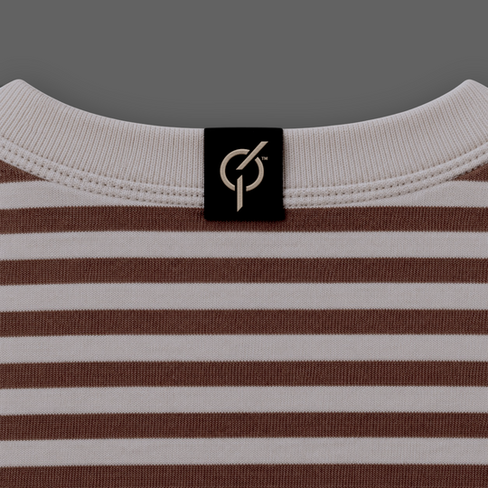 area 609 Preservation Stripe Tee in walnut and oat brown striped cotton with a black logo neck label