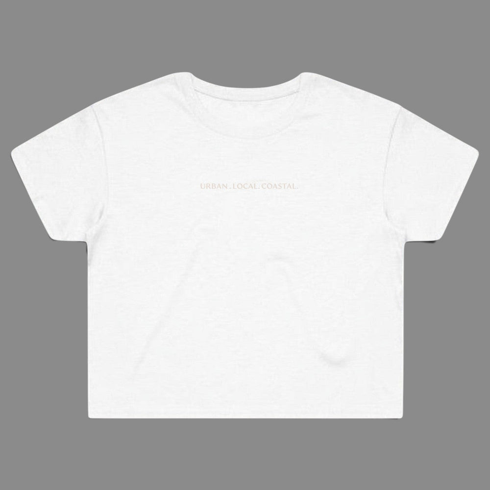 area 609 white cotton cropped t-shirt with URBAN. LOCAL. COASTAL. embroidery and a relaxed fit.