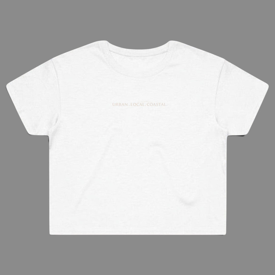 area 609 white cotton cropped t-shirt with URBAN. LOCAL. COASTAL. embroidery and a relaxed fit.