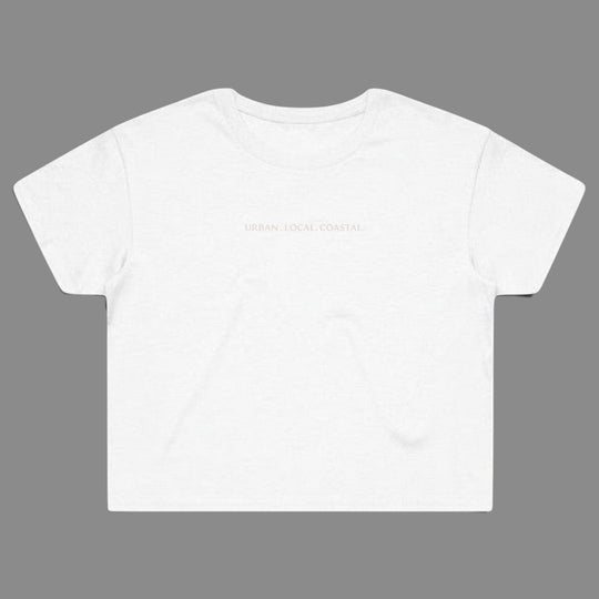 area 609 white cotton cropped t-shirt with URBAN. LOCAL. COASTAL. embroidery and a relaxed fit.
