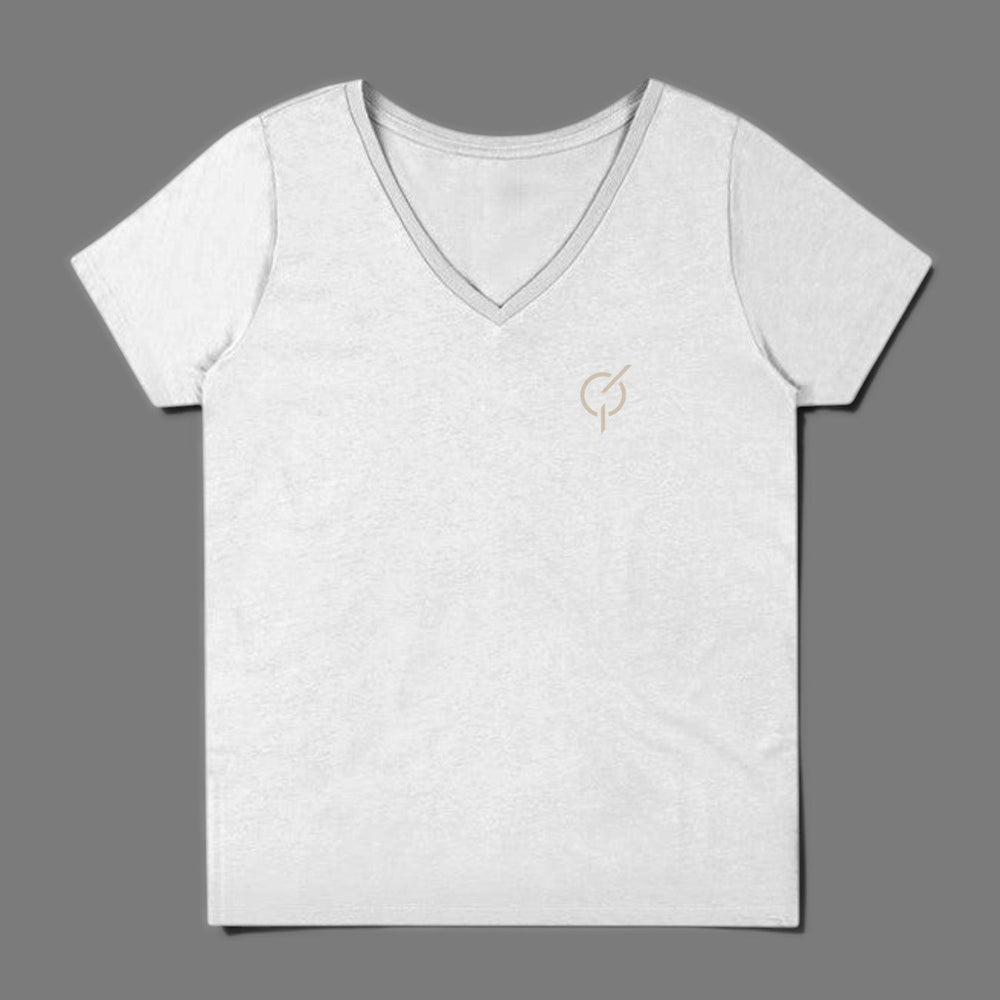 area 609 white cotton V-neck t-shirt with sand colored embroidered logo on the chest