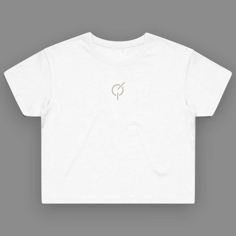 area 609 white cotton cropped tee with a small sand-colored embroidered emblem on the center chest