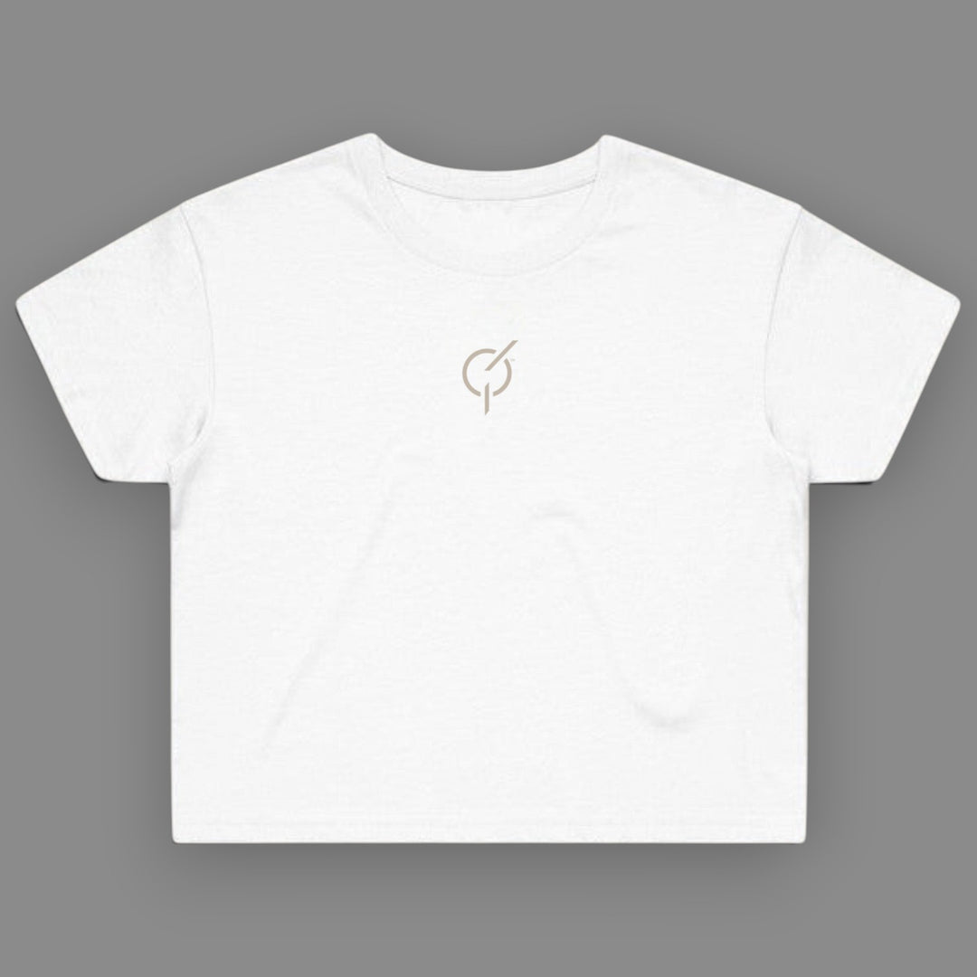 area 609 white cotton cropped tee with a small sand-colored embroidered emblem on the center chest