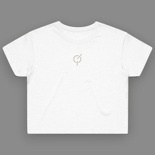 area 609 white cotton cropped tee with a small sand-colored embroidered emblem on the center chest