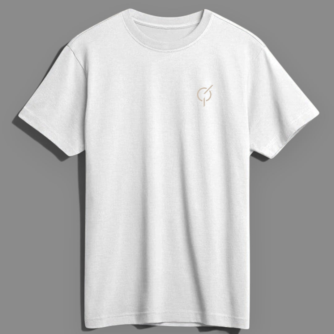 area 609 white The Founders Tee made of soft American-grown SUPIMA cotton with a sand embroidered chest emblem