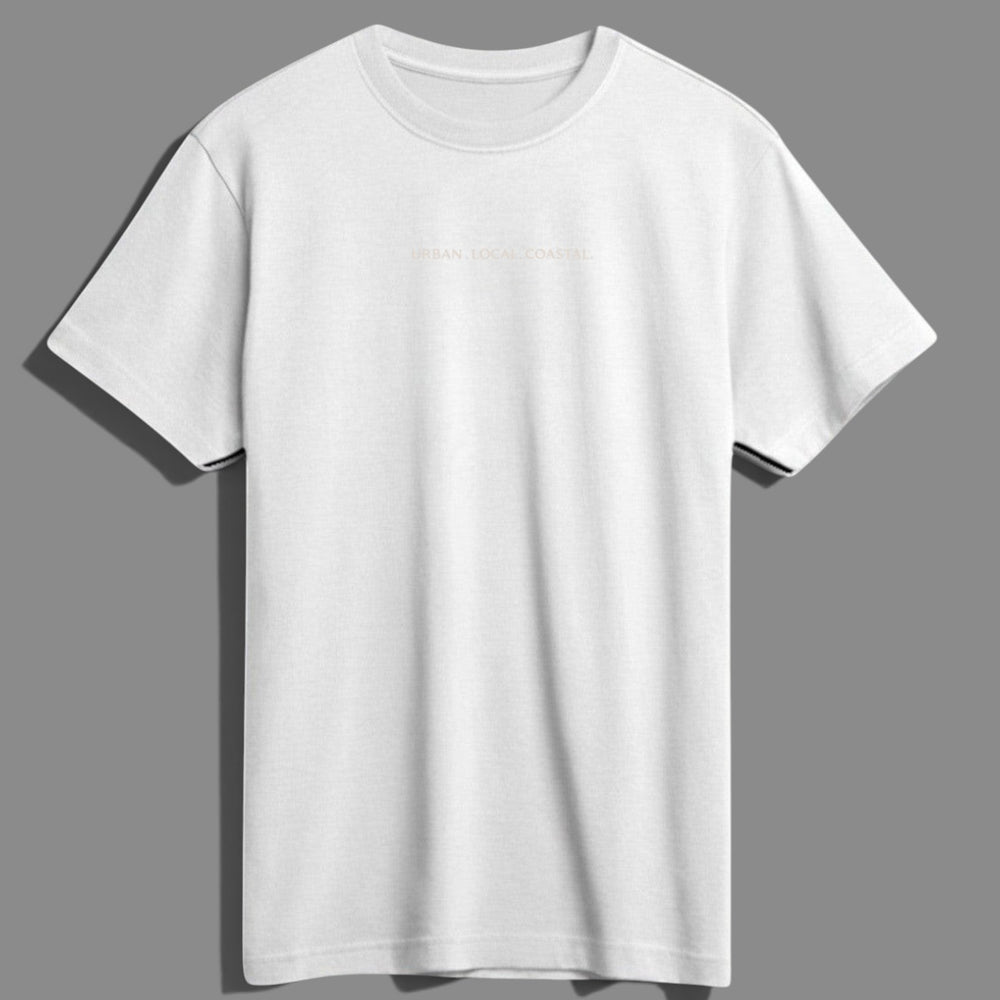 area 609 white SUPIMA cotton t-shirt with URBAN LOCAL COASTAL embroidery and custom woven sleeve label
