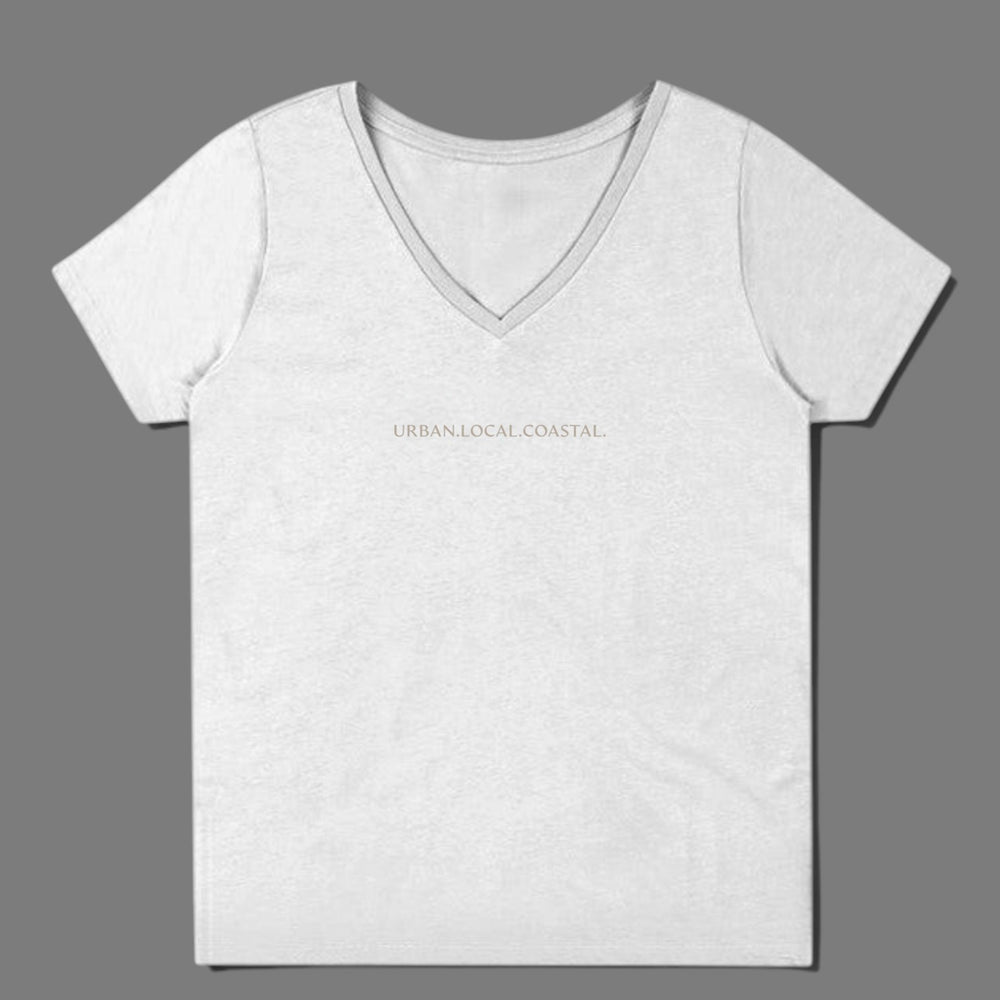 area 609 white 100% cotton V-neck t-shirt with URBAN.LOCAL.COASTAL. embroidery in sand colored thread.
