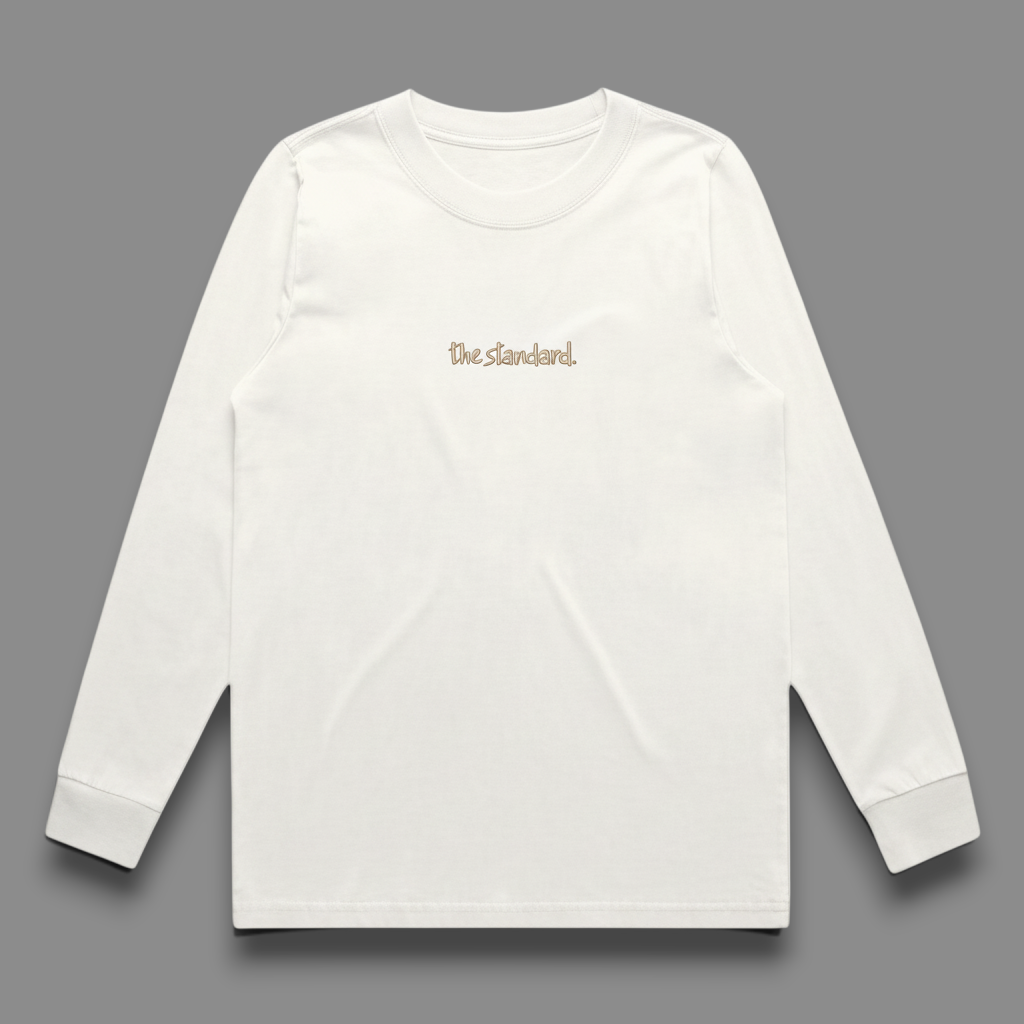 area 609 The Standard long sleeve tee in off-white cotton with small brown chest embroidery