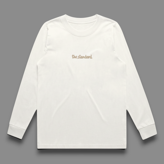 area 609 The Standard long sleeve tee in off-white cotton with small brown chest embroidery