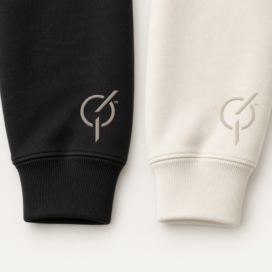 area 609 The Standard Crew heavyweight cotton fleece sleeves in black and ecru with signature sand embroidery