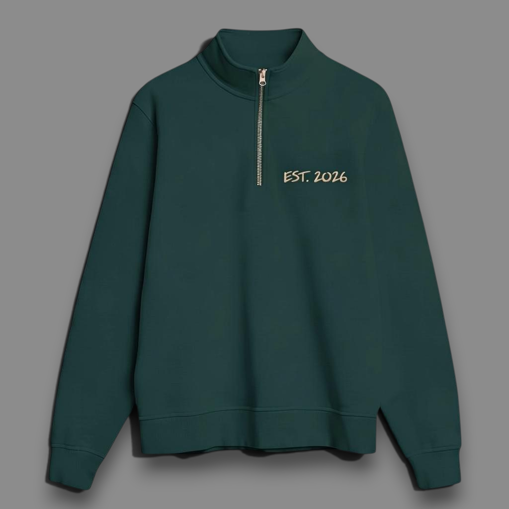 area 609 ivy green organic cotton heavyweight French terry quarter zip sweatshirt with sand embroidery