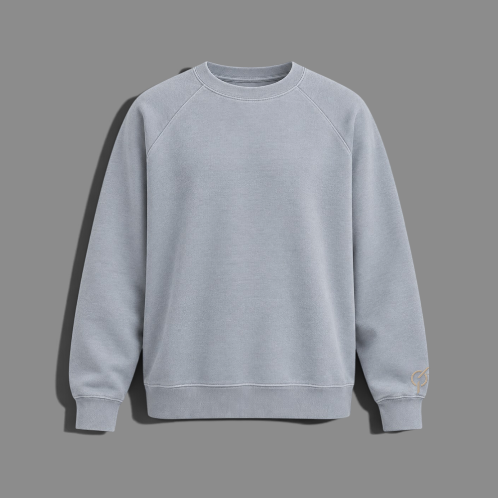 area 609 organic French terry crewneck sweatshirt in light grey with raglan sleeves and small logo embroidery