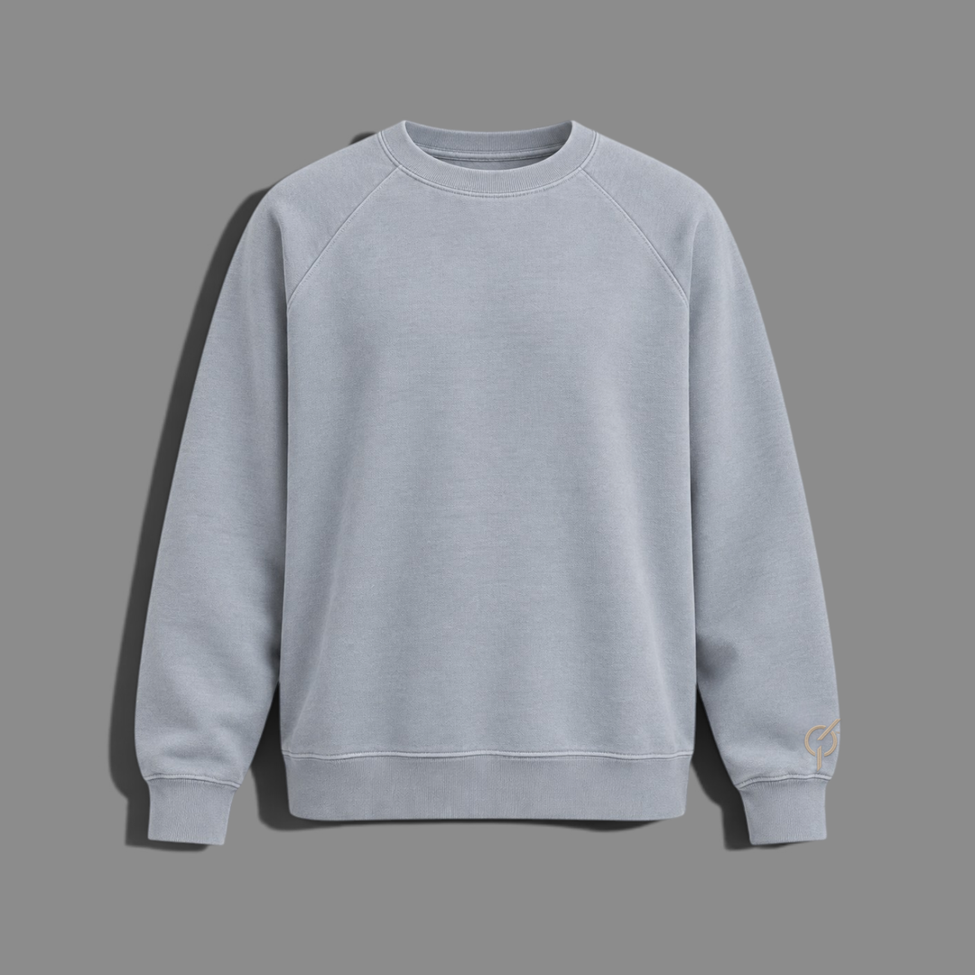 area 609 organic French terry crewneck sweatshirt in light grey with raglan sleeves and small logo embroidery