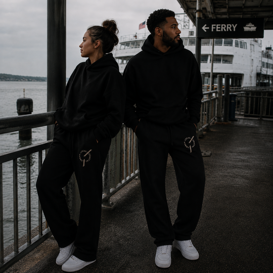 area 609 black organic cotton French terry wide leg pants with embroidered logo on a man and woman at a ferry dock
